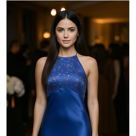 Zum Zum Dresses & Skirts - Zum Zum Satin Maxi Dress Blue Sequin Halter Open Back Vintage Y2K Formal 13-14